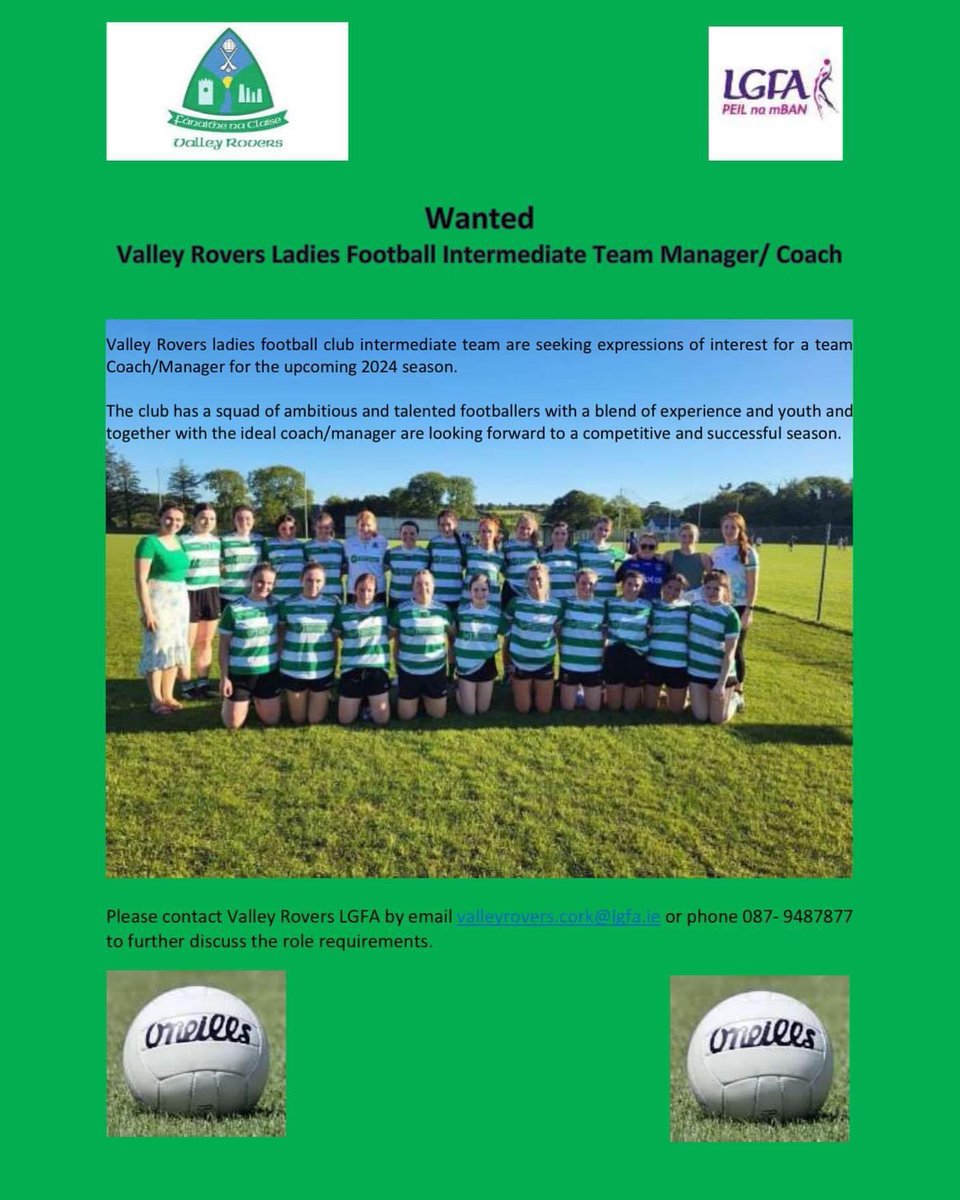 Reposting this, Fantastic opportunity to work with a super bunch of ladies. If you are interested or know of anyone that might be interested just get in touch. @westcorkladies @CorkLGFA @MunsterLGFA @ValleyRoversGAA @VRcamogie