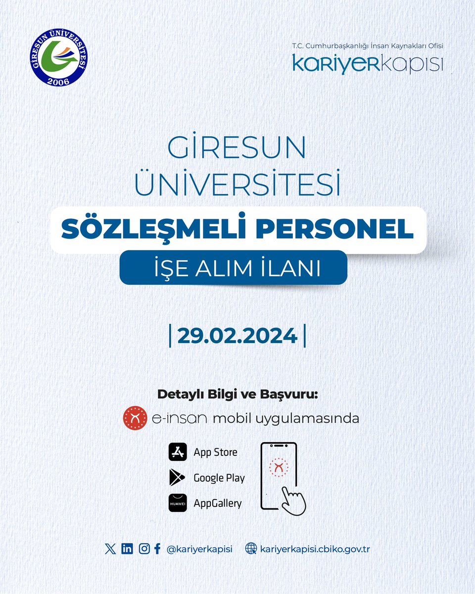 Giresun Üniversitesi Sözleşmeli Personel işe alım ilanı için başvurular başlamıştır. 👉🏼 Başvuru: onelink.to/e-insan 🗓️ Son Başvuru Tarihi: 29 Şubat 2024 @tccbiko @Giresun_Uni_28