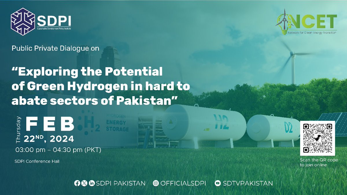 🌱🔬 Join us for an engaging Public-Private Dialogue on:🔽 

"Exploring the Potential of Green Hydrogen in Hard to Abate Sectors of Pakistan." 

📅Thursday, 22nd Feb, 2024
⏰3-4:30pm PKT
🔗bit.ly/3HZD9ju

Let's delve into the future of sustainable energy together! 🌍💡