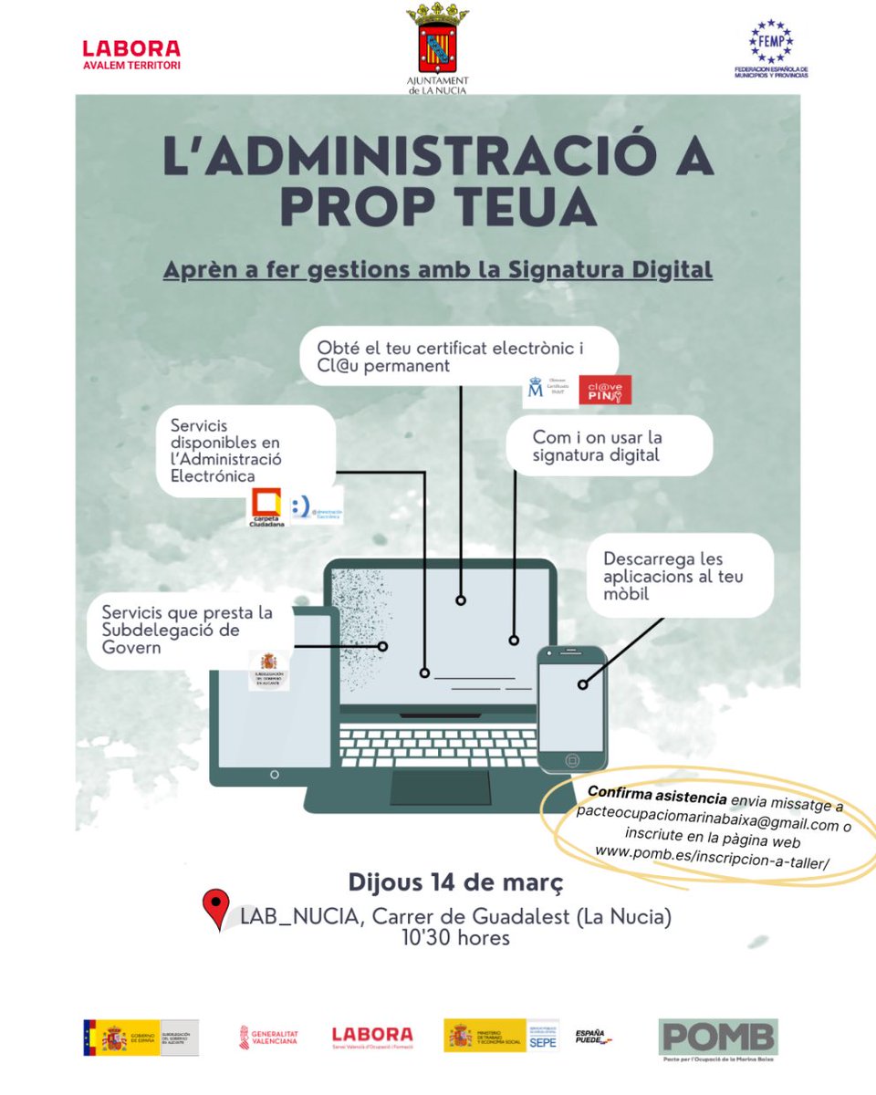 🧑🏻‍💻Taller sobre aprendizaje en materia de gestiones con Firma Digital.

📆Jueves 14 de marzo.
⏰A las 10,30 h. 

✅Curso gratuito.
 
✍🏻Inscripciones: lab.lanucia.es/Jornada-Certif…     

📰👉🏻 lanucia.es/Actualidad/not…

#MadeByLaNucia #FirmaDigital #Autonomos #Empresarios