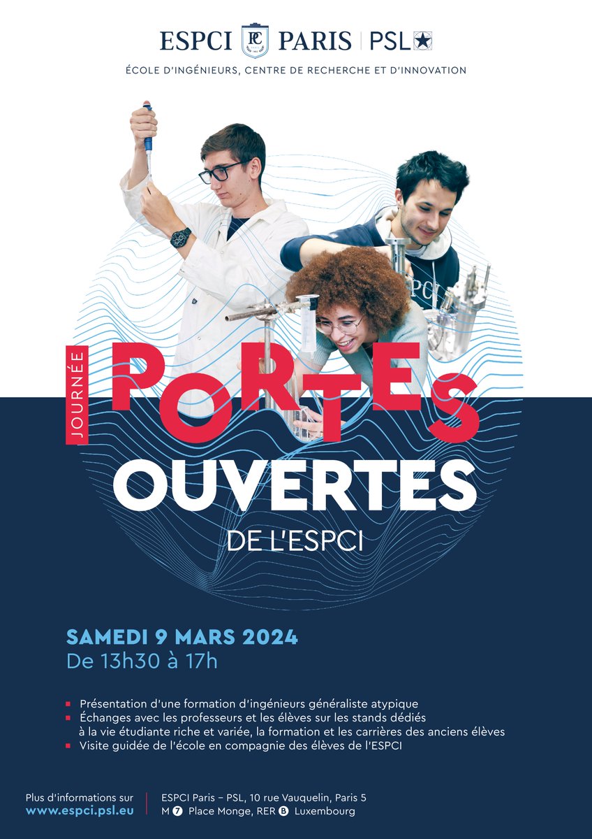 #JPO2024 | Nous sommes heureux de vous accueillir sur le campus de l’ESPCI Paris – PSL le samedi 9 mars 2024, de 13h30 à 17h, à l’occasion de notre Journée Portes Ouvertes dédiée aux lycéens, étudiants et à leurs parents.