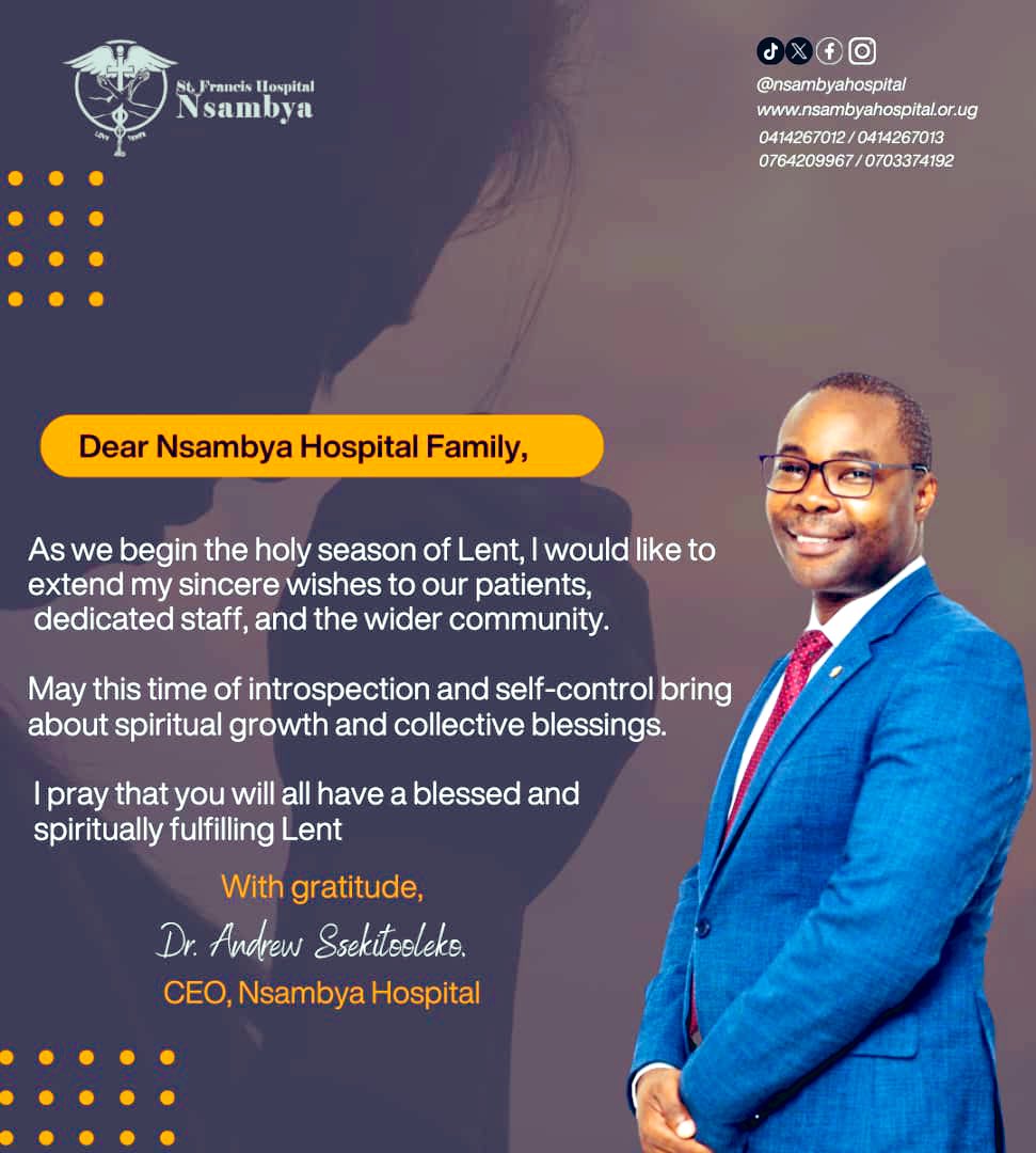 As we embark on the sacred journey of Lent, I extend my heartfelt wishes to our esteemed patients, dedicated staff, and the broader community of #NsambyaHospital.

Wishing you all a blessed and spiritually enriching Lenten season.

#LentenSeason  1/3