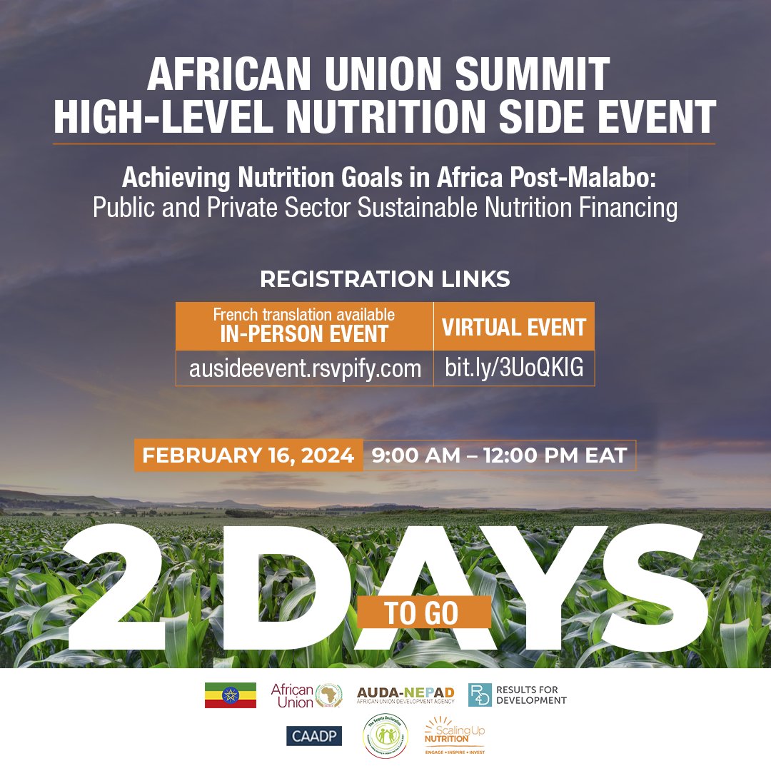 Scaling Up Nutrition (SUN) Movement (@sun_movement) on Twitter photo We're counting the days until the <a href="/_AfricanUnion/">African Union</a> Summit's High-Level #nutrition Side Event! โณ
Register now to join this global conversation on sustainable nutrition financing in #Africaโก๏ธbit.ly/3UoQKIG
#AUNutritionSummit2024 #AfricaNutritionGoals We're counting the days until the <a href="/_AfricanUnion/">African Union</a> Summit's High-Level #nutrition Side Event! โณ
Register now to join this global conversation on sustainable nutrition financing in #Africaโก๏ธbit.ly/3UoQKIG
#AUNutritionSummit2024 #AfricaNutritionGoals