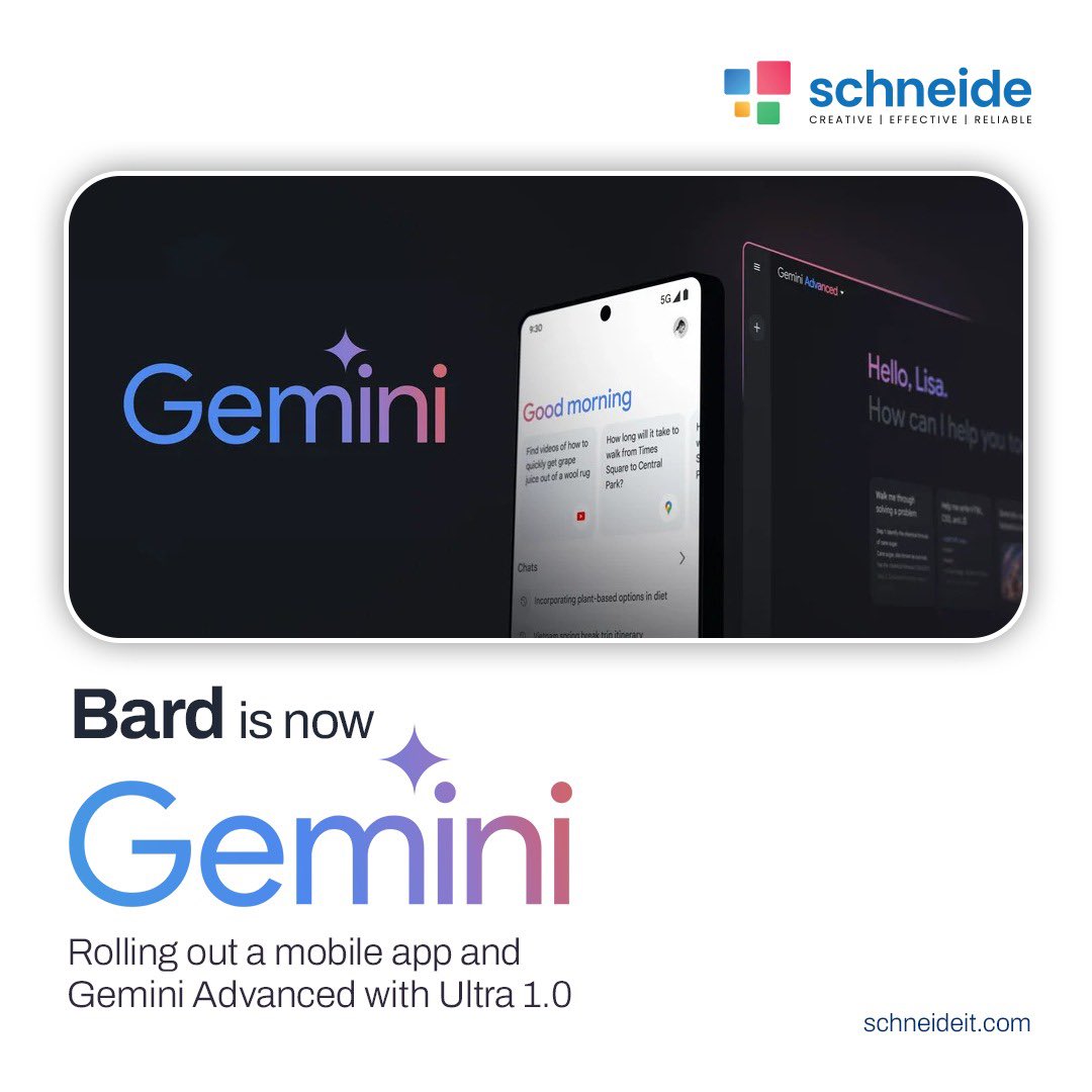 schneideit's tweet photo. 🚀 Meet Gemini: Your Gateway to Powerful AI!

Experience Google's cutting-edge AI models and tools with Gemini. Enjoy simplified navigation, enhanced features, and direct access to AI technology.

Unlock Gemini's potential at https://t.co/nQreE8Dfsv! #GeminiAI #AIForAll #Gemini https://t.co/owGUDWDsR4
