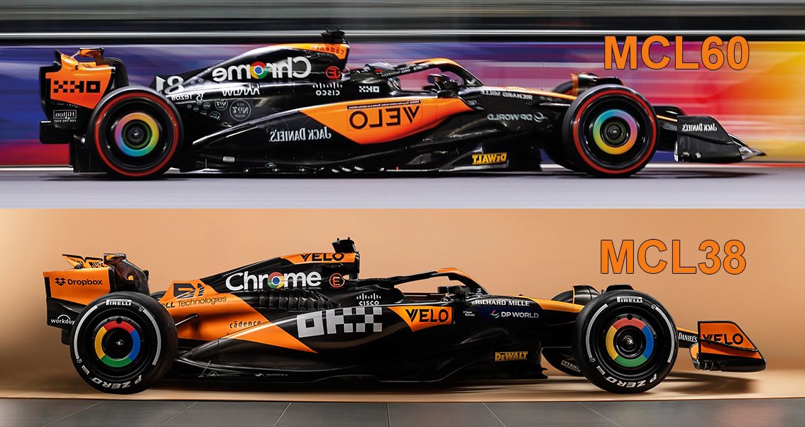 A comparison of the MCL60 [Vegas spec] and the 2024 MCL38 [Launch spec] 👀

📸 [via: @JunaidSamodien_] 

#F1 #Formula1 #McLaren