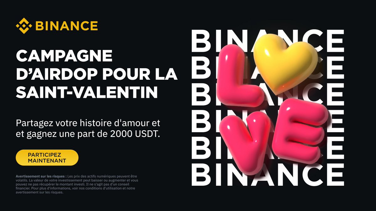 binanceafrique's tweet photo. En guise de cadeau de la Saint-Valentin, nous offrons 2000$ à notre communauté. 

🔸Retweetez
🔸Suivez @binanceafrique 
🔸Partagez votre histoire d'amour en utilisant #BinanceLoveInAfrica
🔸Taguez votre partenaire (si vous en avez un)
🔸Remplissez le formulaire 👉 https://t.co/3QX750sWLq 

📍100 des meilleures participations se verront attribuer 20$ en #USDT chacune !