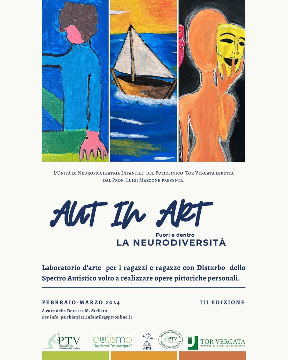 Policlinico Tor Vergata (@ptvonline2001) on Twitter photo A partite da oggi ecco AUT IN ART , fuori e dentro la NeurodiversitĂ . La nostra UnitĂ di Neuropsichiatria Infantile, diretta dal <a href="/ProfMazzone/">Luigi Mazzone</a> , propone la III Edizione del Laboratorio d'Arte che coinvolge giovani con disturbi dello spettro autistico.
<a href="/unitorvergata/">UniversitĂ di Roma Tor Vergata</a> A partite da oggi ecco AUT IN ART , fuori e dentro la NeurodiversitĂ . La nostra UnitĂ di Neuropsichiatria Infantile, diretta dal <a href="/ProfMazzone/">Luigi Mazzone</a> , propone la III Edizione del Laboratorio d'Arte che coinvolge giovani con disturbi dello spettro autistico.
<a href="/unitorvergata/">UniversitĂ di Roma Tor Vergata</a>