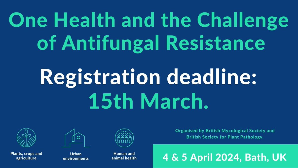 British Mycological Society (@britmycolsoc) on Twitter photo Have you booked your place at the #onehealth & the challenge of #antifungalresistance conference yet? Just one month to go before the registration deadline, so reserve your place now at: britmycolsoc.org.uk/resources/even… A joint event with <a href="/BS_PP/">British Society for Plant Pathology</a> Have you booked your place at the #onehealth & the challenge of #antifungalresistance conference yet? Just one month to go before the registration deadline, so reserve your place now at: britmycolsoc.org.uk/resources/even… A joint event with <a href="/BS_PP/">British Society for Plant Pathology</a>