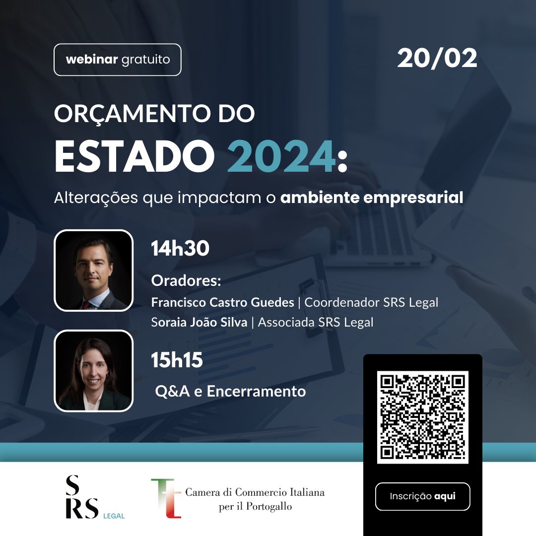 CCIPortogallo's tweet photo. Junte-se a nós para um #webinar exclusivo e gratuito sobre o Orçamento do Estado 2024 e seus impactos no ambiente empresarial em Portugal, com os especialistas da SRS Legal.

🗓️Terça-feira, 20 de fevereiro, às 14h30!

Inscrição: https://t.co/6rrN11pNfB https://t.co/0mXH6xCcKB