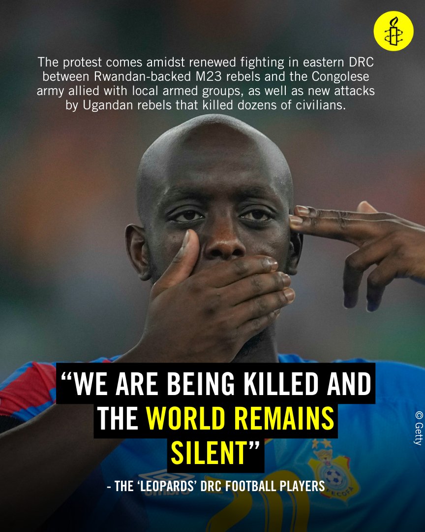 AmnestyEARO's tweet photo. This action by the #DRC football team is a poignant reminder of the pressing need for DRC authorities, with the backing of the global community, to effectively deal with armed conflict, including the widespread impunity that has enabled it to thrive for 30 years. #JusticeForCongo https://t.co/8Dw1ewpUfC