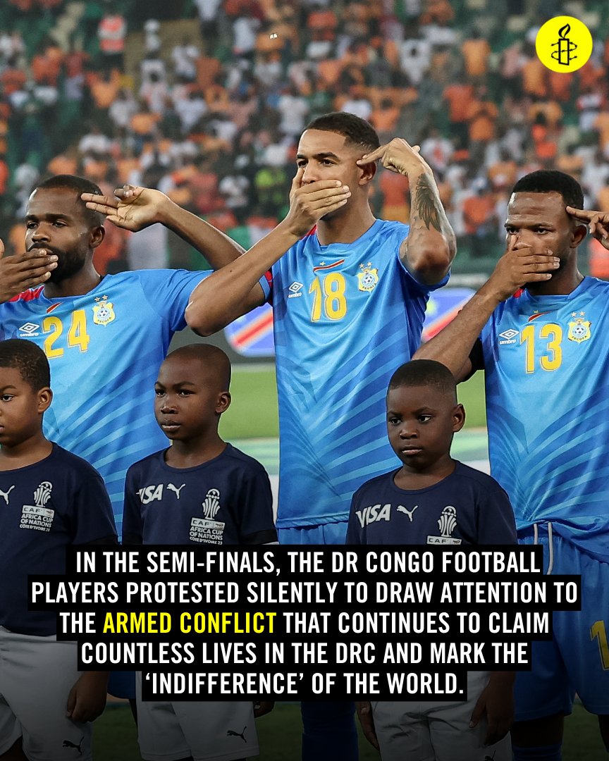 AmnestyEARO's tweet photo. This action by the #DRC football team is a poignant reminder of the pressing need for DRC authorities, with the backing of the global community, to effectively deal with armed conflict, including the widespread impunity that has enabled it to thrive for 30 years. #JusticeForCongo https://t.co/8Dw1ewpUfC