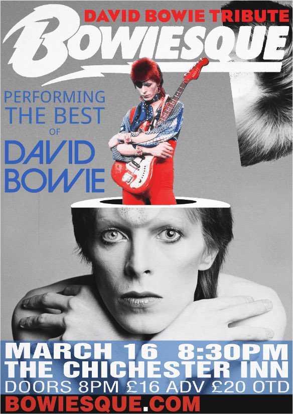 ***SATURDAY 16th MARCH***

<a href="/Bowiesqueband/">Bowiesque</a> are delighted to announce we will be performing live at The <a href="/ChichesterInn/">The Chichester Inn</a> , #Chichester from 8pm on 16th March 2024

Tickets below ⬇️

Ticketsource.co.uk/Bowiesque

facebook.com/events/s/bowie…?

#whatsonchichester #chichester #chichestergigs