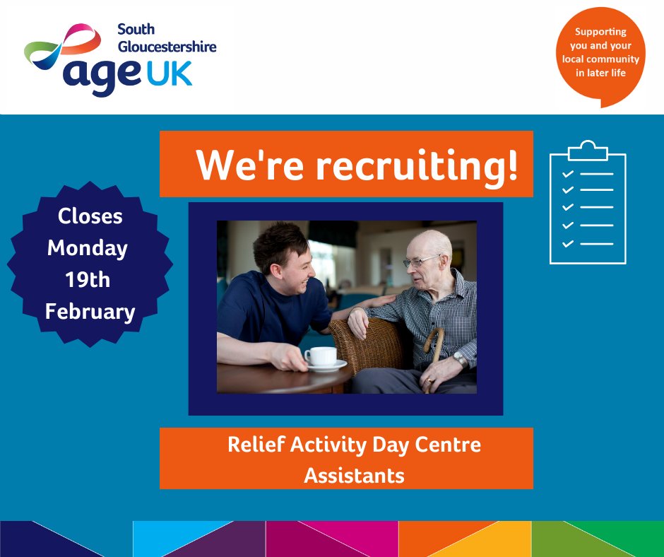 age_uk_sg's tweet photo. We are looking to recruit relief Activity Day Centre Assistants across South Gloucestershire.  
If this role would suit you then please download an application pack from our website: - https://t.co/6k62ZddLxV https://t.co/uqDbJ8YKzM