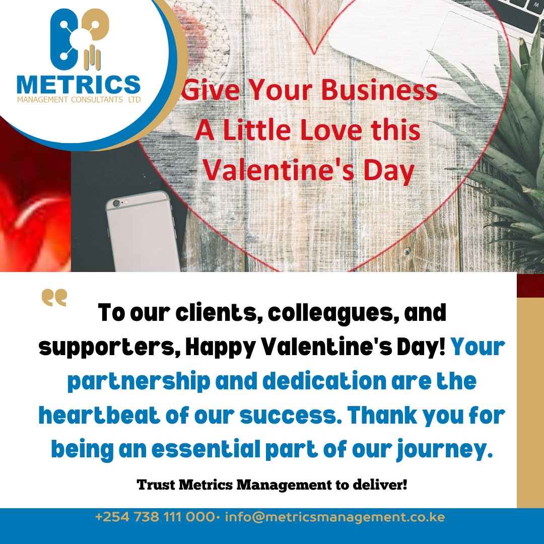 On this Valentine's Day, we express gratitude to our team members for their unwavering commitment and hard work. Your dedication fuels our success and inspires us to reach new heights.
#trustmetricsmanagementtodeliver
#happyvalentinesday2024
#kimathistreets #mensconference2024