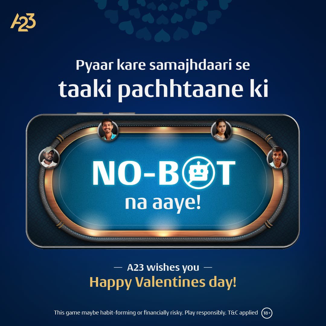 A23Games's tweet photo. Love smart, no bot-induced heartaches here!
Trust A23 for a bot-free romance with the game.
Happy Valentine’s Day from A23!

#A23 #SRK #SrkOnA23 #ChaloSaathKhelein #GameOfSkill #Valentines2024
#Valentines #ValentinesDay #SpreadLove #HappyValentines2024 https://t.co/DDaiFi1LV4