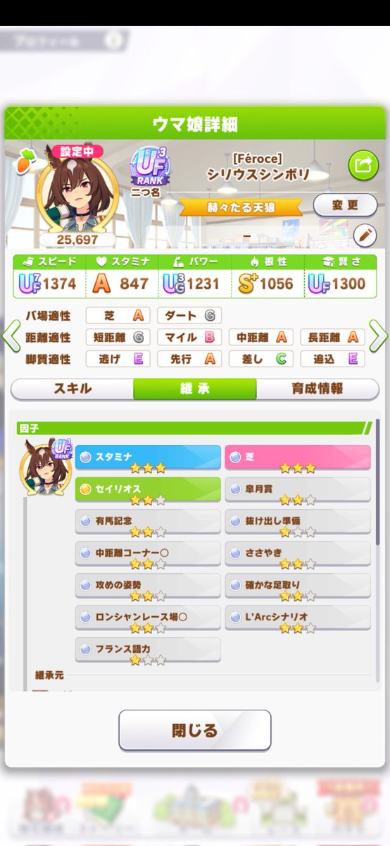Admiral_ASIA's tweet photo. #ウマ娘
トレーナーID:879823526
シリウスシンボリ
スタ9
芝3
先行3
中距離3
勝利レース(G1)
1年目:ホープフル
2年目:皐月　ダービー　凱旋門賞　菊花　ジャパンカップ　有馬記念
3年目:大阪杯　天皇賞春　宝塚記念　凱旋門賞

前回より研究で芝2→3に更新 https://t.co/zyUM3pekBI