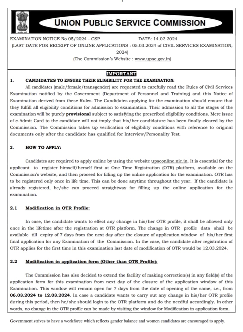 iasbaba123's tweet photo. UPSC CSE 2024 Notification
Vacancy: 1056
Last date of application filing: 5th March 2024 till 6 pm
Modification in filled up form: from 6th March to 12th March 2024
For more details visit - https://t.co/EcqTJmbE3i
#upsc #upscnotification #iasbaba https://t.co/dPUMDdIZjN