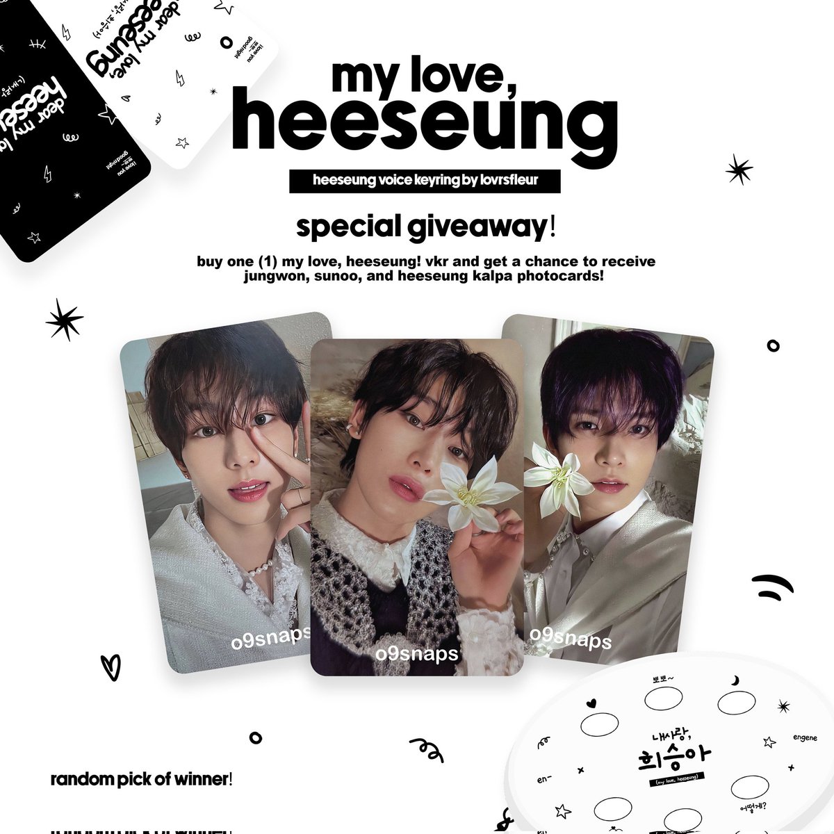 ׂ⁠     ֪   my love, hee! – giveaway ୨୧  

buy "my love, heeseung!" voice keyring and get a chance to receive jungwon, sunoo, and heeseung kalpa photocards!

  ֪   order here: bit.ly/49d2p1M

get yours now ♡

t. ph ww enhypen orange blood flower peace lhs vkr