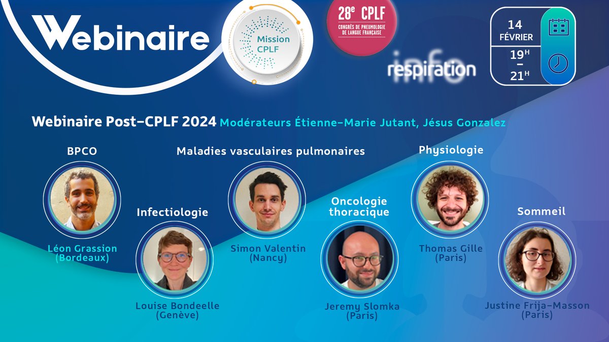 Société de Pneumologie de Langue Française (SPLF) (@splf_socpneumo) on Twitter photo 🫁⚡️WEBINAIRE POST-CPLF2024 – 14 Février 19h-21h
actualités #BPCO, #infectiologie, maladies vasculaires pulmonaires, #oncologie #thoracique, physiologie #respiratoire #sommeil.
+ d'infos et connexion : splf.fr/webinaires/
<a href="/ajpo2/">AJPO2 - Jeunes Pneumologues</a> <a href="/PneumoCphg/">cphg</a> <a href="/OlivierLeRouzic/">Olivier Le Rouzic @olr@med-mastodon.com</a> <a href="/LGreillier/">Laurent Greillier</a> 🫁⚡️WEBINAIRE POST-CPLF2024 – 14 Février 19h-21h
actualités #BPCO, #infectiologie, maladies vasculaires pulmonaires, #oncologie #thoracique, physiologie #respiratoire #sommeil.
+ d'infos et connexion : splf.fr/webinaires/
<a href="/ajpo2/">AJPO2 - Jeunes Pneumologues</a> <a href="/PneumoCphg/">cphg</a> <a href="/OlivierLeRouzic/">Olivier Le Rouzic @olr@med-mastodon.com</a> <a href="/LGreillier/">Laurent Greillier</a>