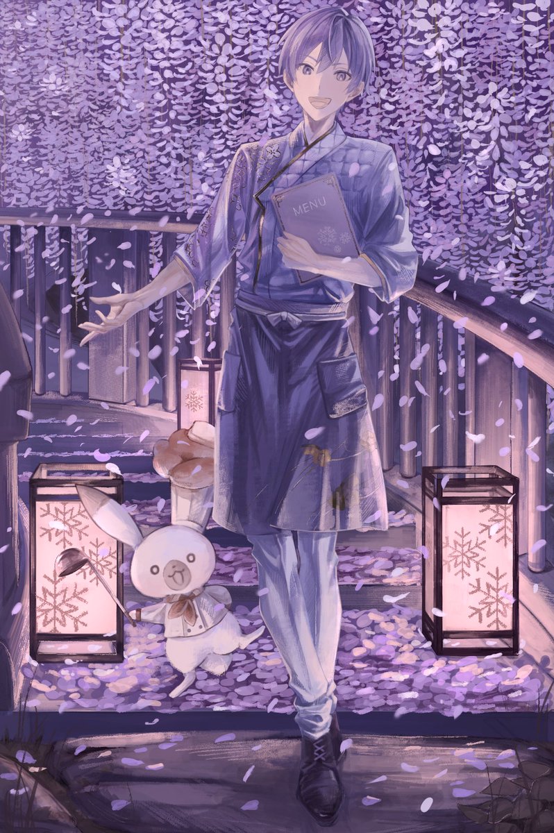 1boy wisteria male focus smile petals lantern looking at viewer  illustration images