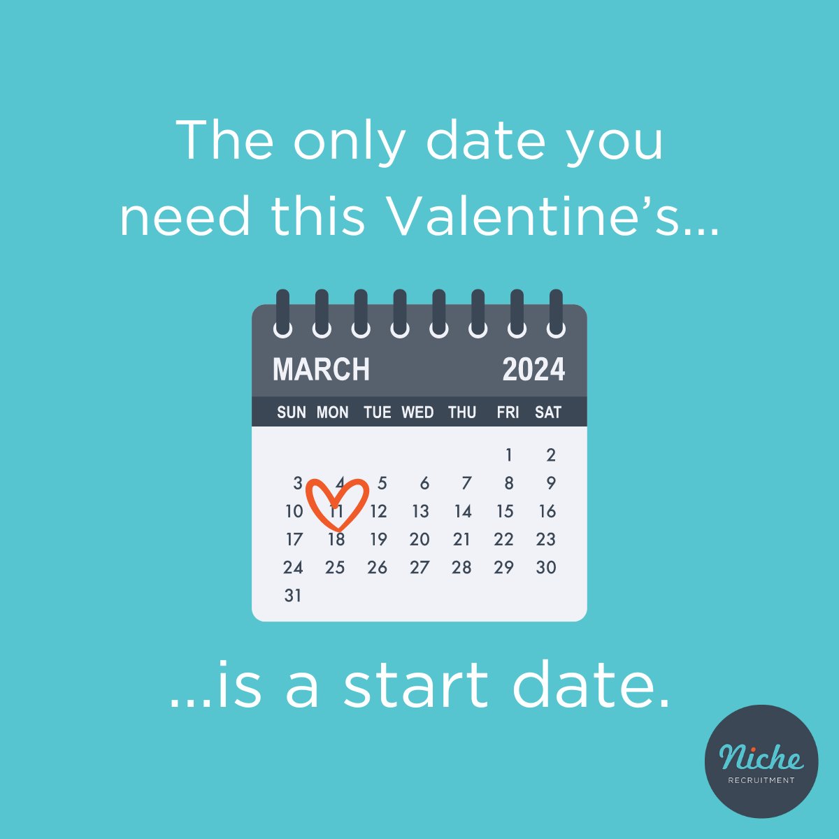 The only date you need this Valentine's Day... 

... is a start date 🧡

We're experts in making the perfect matches. 

View our live vacancies here: jobs.nicherecruitment.co.uk

#ValentinesDay #FindYourNiche #JobSearch #NewJob #WiltshireRecruitmentAgency