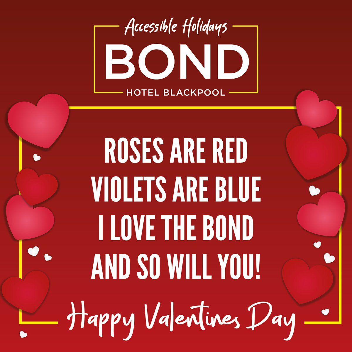 Sending lots of love from The Bond Hotel this #ValentinesDay 💘
We hope you all have a lovely day! 😍

bondhotel.co.uk
#thebondhotel #accessibleholidays