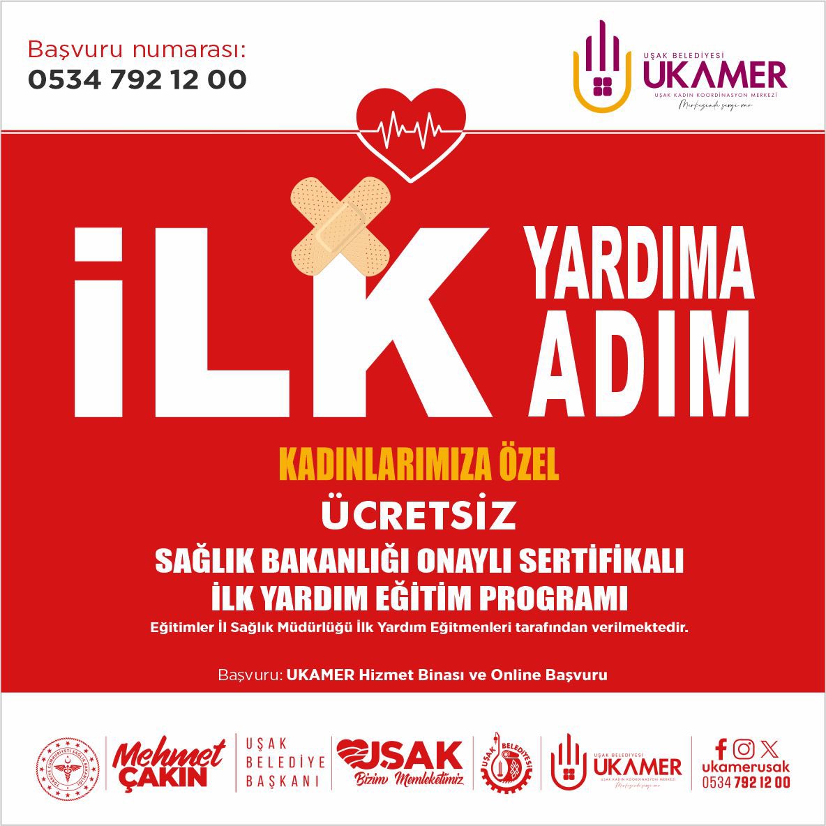 UkamerUsak's tweet photo. 💜 Kadın Koordinasyon Merkezimiz ile İl Sağlık Müdürlüğü ortaklığında kadınlarımıza özel ücretsiz olarak gerçekleştirilen Sağlık Bakanlığı Onaylı Sertifikalı İlk Yardım Kursu'muzda yeni kayıtlar alınıyor. 🩺 https://t.co/viuot0B3tv