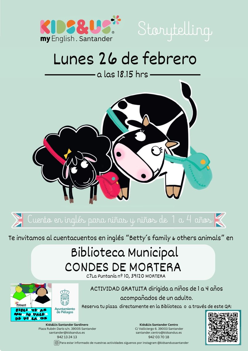 aytopielagos's tweet photo. Las bibliotecas municipales del @aytopielagos  en #Liencres (Francisco Llata) y #Mortera (Condes de la Mortera) organizarán los lunes 19 y 26 de febrero, respectivamente, a las 18:15 horas, un cuentacuentos en inglés https://t.co/tvOSDWSX7k https://t.co/fhbtNe7QvS