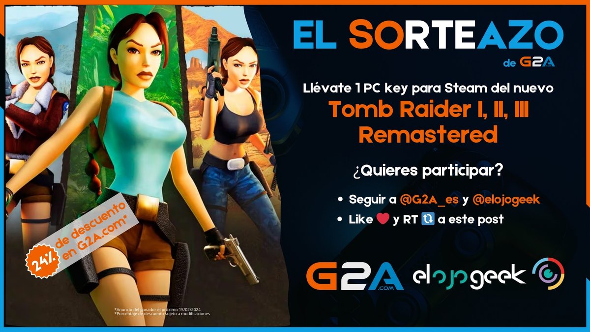 ElOjoGeek's tweet photo. 🎉 ¿Quieres GANAR el nuevo 'Tomb Raider I-III Remastered'? 🎉

🔑 Llévate una clave de Steam GRATIS gracias a @G2A_ES 

Requisitos:

- Seguir a @ElOjoGeek y @G2A_ES 
- Like❤️y RT 🔃 a este post.

BBLL a continuación ⬇️ https://t.co/2IKNgJTNd0