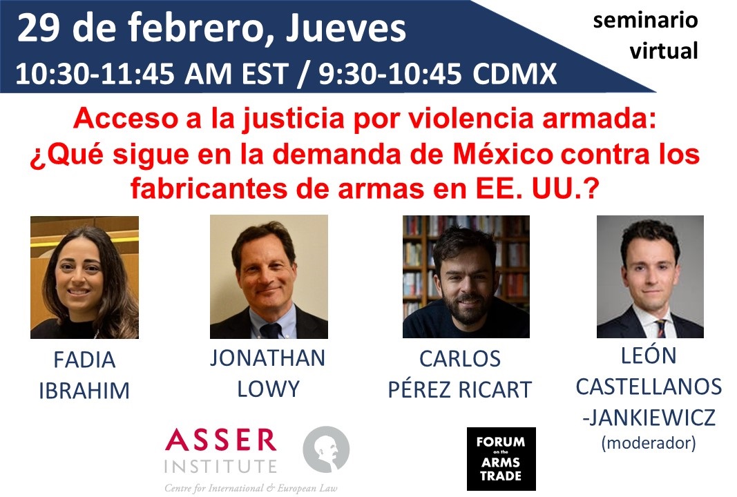 Jueves, 29 de febrero 
Acceso a la justicia por violencia armada: ¿Qué sigue en la demanda de México contra los fabricantes de armas en EE. UU.?
con <a href="/FadiaIN/">Fadia Ibrahim</a>, <a href="/Perezricart/">Carlos A. Pérez Ricart</a>, <a href="/jlowy_gagv/">Jon Lowy</a>, y <a href="/leoncastjan/">León Castellanos Jankiewicz</a>
forumarmstrade.org/events.html#Ev…