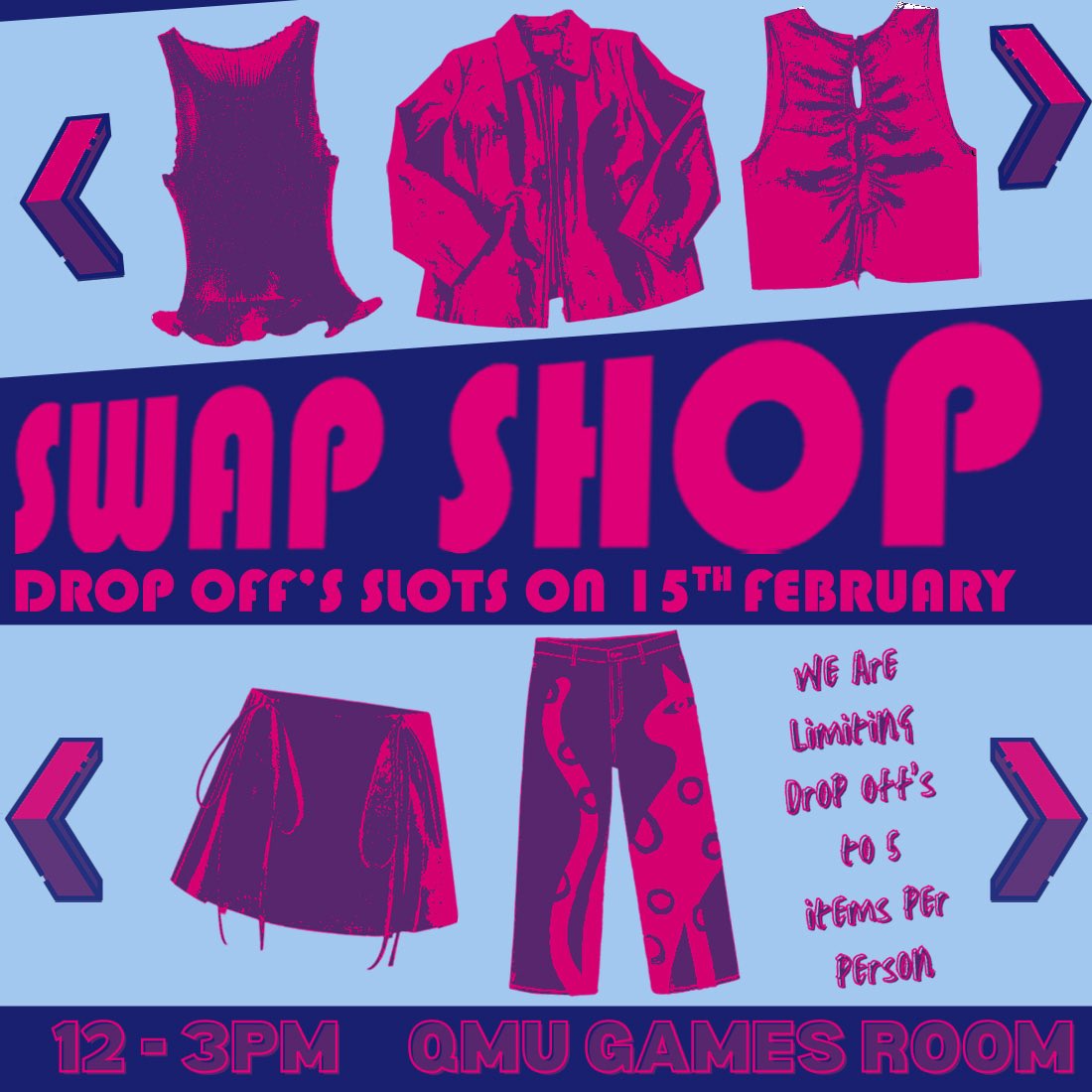 Come along to the QMU Games Room TOMORROW February 15 (12PM-3PM) and drop off some clothing items you no longer use to be able to participate in our Swap Shop this Saturday (and future Swap Shops as well)!