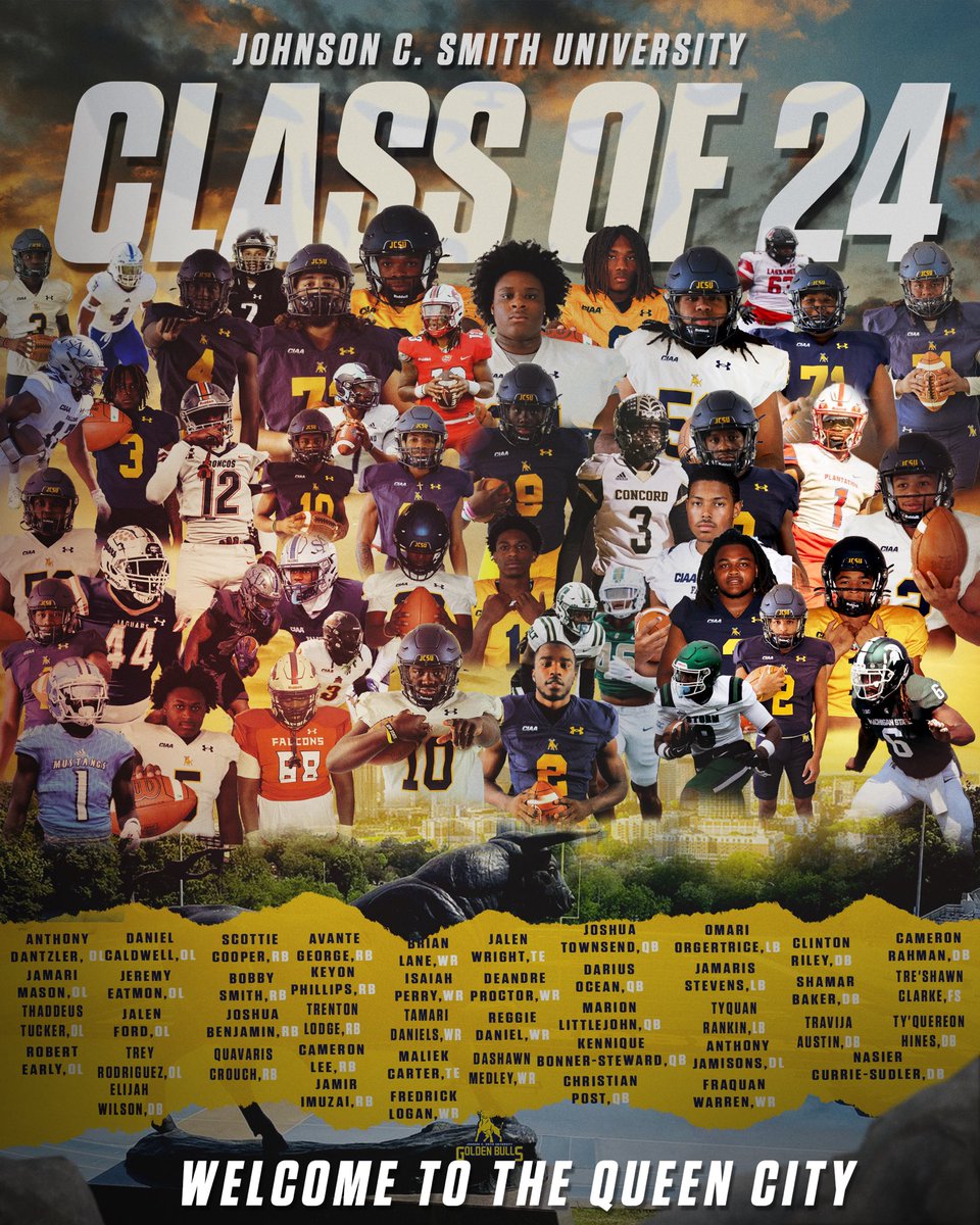 Golden Bulls (@jcsufootball) on Twitter photo Golden Bulls 𝙎𝙞𝙜𝙣𝙚𝙙 🖊️ Class of 2024
Welcome to the Queen City! #704
#Goldenbullspride |#EVERYTH1NGEVERYDAY | #NSD24
<a href="/JCSUniversity/">Johnson C. Smith U.</a> <a href="/JCSUSports/">JCSU Athletics</a> Golden Bulls 𝙎𝙞𝙜𝙣𝙚𝙙 🖊️ Class of 2024
Welcome to the Queen City! #704
#Goldenbullspride |#EVERYTH1NGEVERYDAY | #NSD24
<a href="/JCSUniversity/">Johnson C. Smith U.</a> <a href="/JCSUSports/">JCSU Athletics</a>