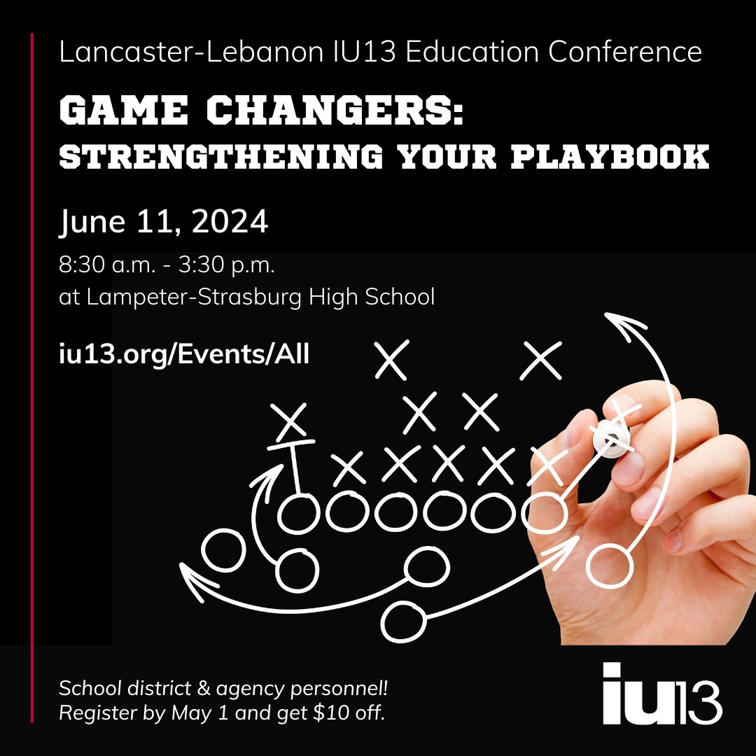 Educators, Admins, & Parents: Registration is open to attend the Lancaster-Lebanon IU13 Education Conference. June 11 at Lampeter-Strasburg High School. 28 breakout sessions to choose from, plus keynote speaker Ben Hartranft. Learn more: hubs.li/Q02kzHnR0 #IU13EdConf