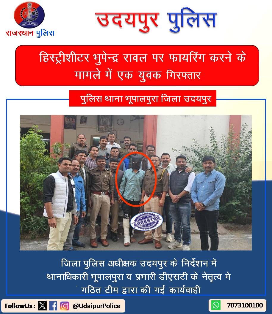 #थाना_भूपालपुरा: हिस्ट्रीशीटर भुपेन्द्र रावल पर फायरिंग करने के मामले में एक युवक गिरफ्तार।  

#RajasthanPolice #UdaipurPolice 
#Udaipur #PsBhupalpura