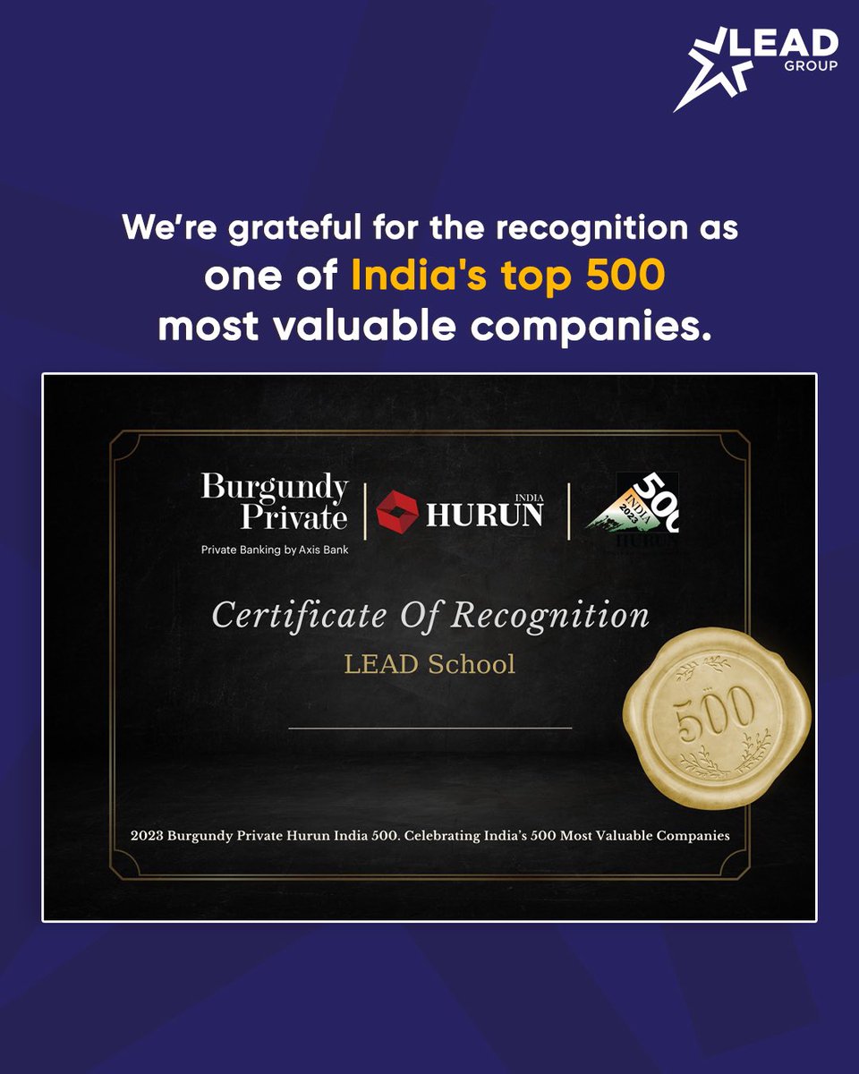 We're thrilled to announce our inclusion in the prestigious 2023 Burgundy Private Hurun India 500 list! Thank you for this honour!

@mehtasumeet @smitadeorah @HurunReportInd @AxisBank #HurunIndia500 #Recognization #HurunIndia #BurgundyPrivate #AxisBank #LEADSchoolIndia