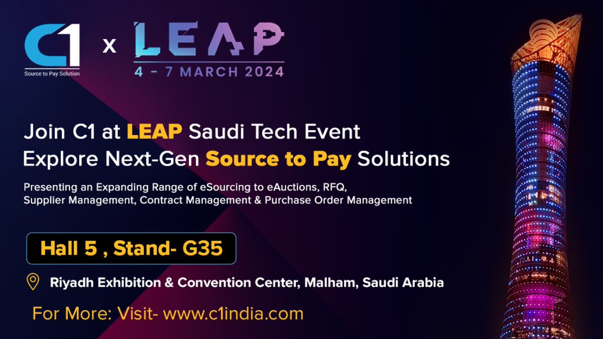 Join us at the LEAP Saudi Tech event to meet C1 India Pvt Ltd and delve into our exclusive range of hashtag#sourcetopay solutions.

Ready to revolutionize your business today?

Request a Demo: lnkd.in/gmNs37St