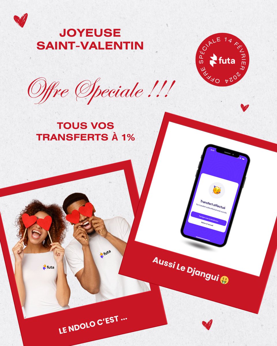 🎉 Joyeuse Saint-Valentin les #Champions ❤️, profitez de la promo pour démontrer votre #amour à tous ceux qui vous entourent 🥰

#SaintValentin #SpecialPromotion #Futa #Cameroun