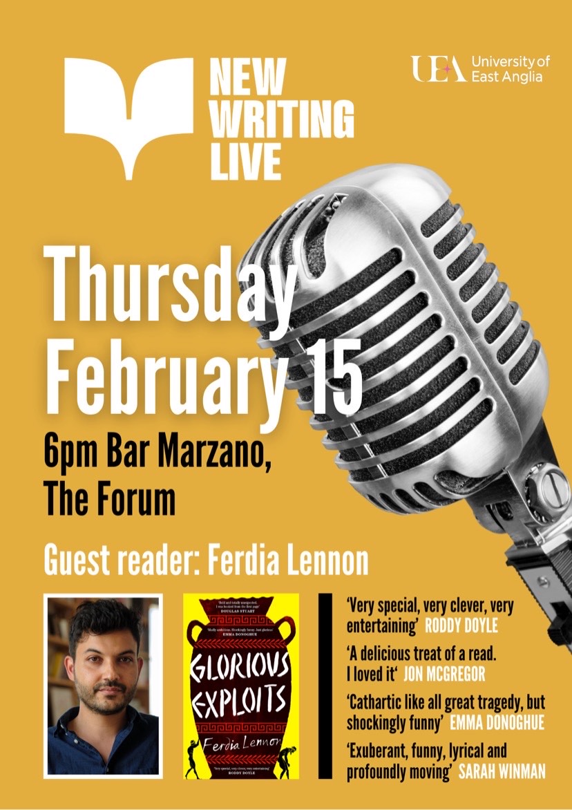 juliannepachico's tweet photo. #NewWritingLive is TOMORROW at @CafeBarMarzano with special guest reader Ferdia Lennon! It'll be a fun evening filled with live readings and discussion of Ferdia's wonderful book GLORIOUS EXPLOITS (a must-read for fans of the Classics/Greeks) -DON'T MISS IT! @uealdc ππ₯³ https://t.co/ASGIkNANpv