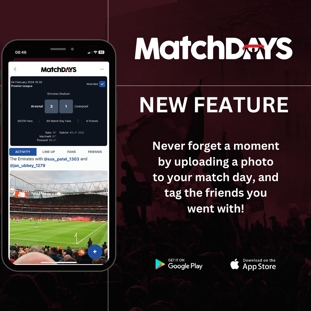 MatchDaysFans's tweet photo. New Feature alert 📣📣📣📣
Upload your photos and tag your mates in your match day posts! Never forget a MatchDay moment again!
#MatchDays #MatchDaysFans https://t.co/INHmttgyML