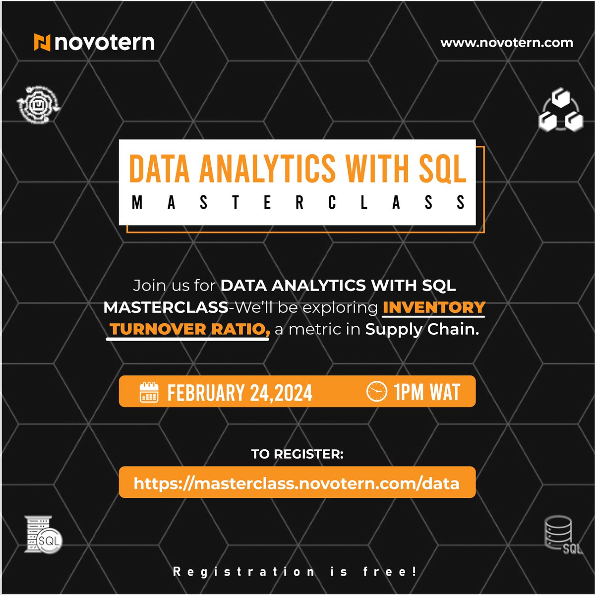 novotern's tweet photo. Join our free masterclass on February 24, 2024, at 1 pm WAT as we delve into the measurement of INVENTORY TURNOVER RATIO.
Register now at https://t.co/az5zKLo9i5.
#DataAnalytics #SQLMasterclass #supplychain #AlexIwobi #Adeboye #AshWednesday #WizkidOneLove #ValentinesDay https://t.co/3N9el6hyJe