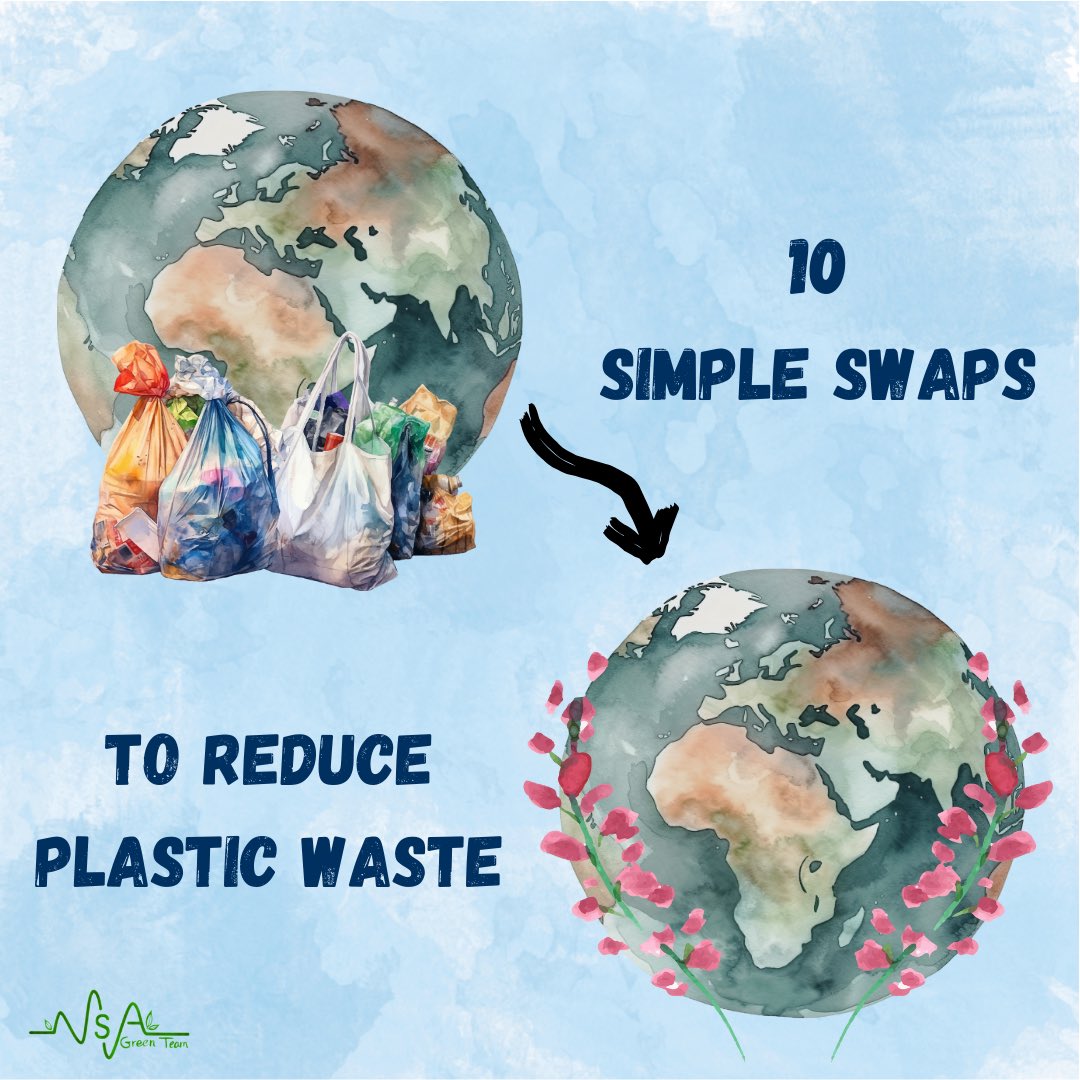 GreenTeamMSA's tweet photo. Let's embrace a more sustainable lifestyle! ♻️ Make these 10 simple swaps to reduce plastic waste and contribute to a healthier planet. By choosing eco-friendly alternatives, we can protect our environment for future generations.🌍🌳
 #SustainableLiving #PlasticFreePlanet https://t.co/voZd6BZUxv