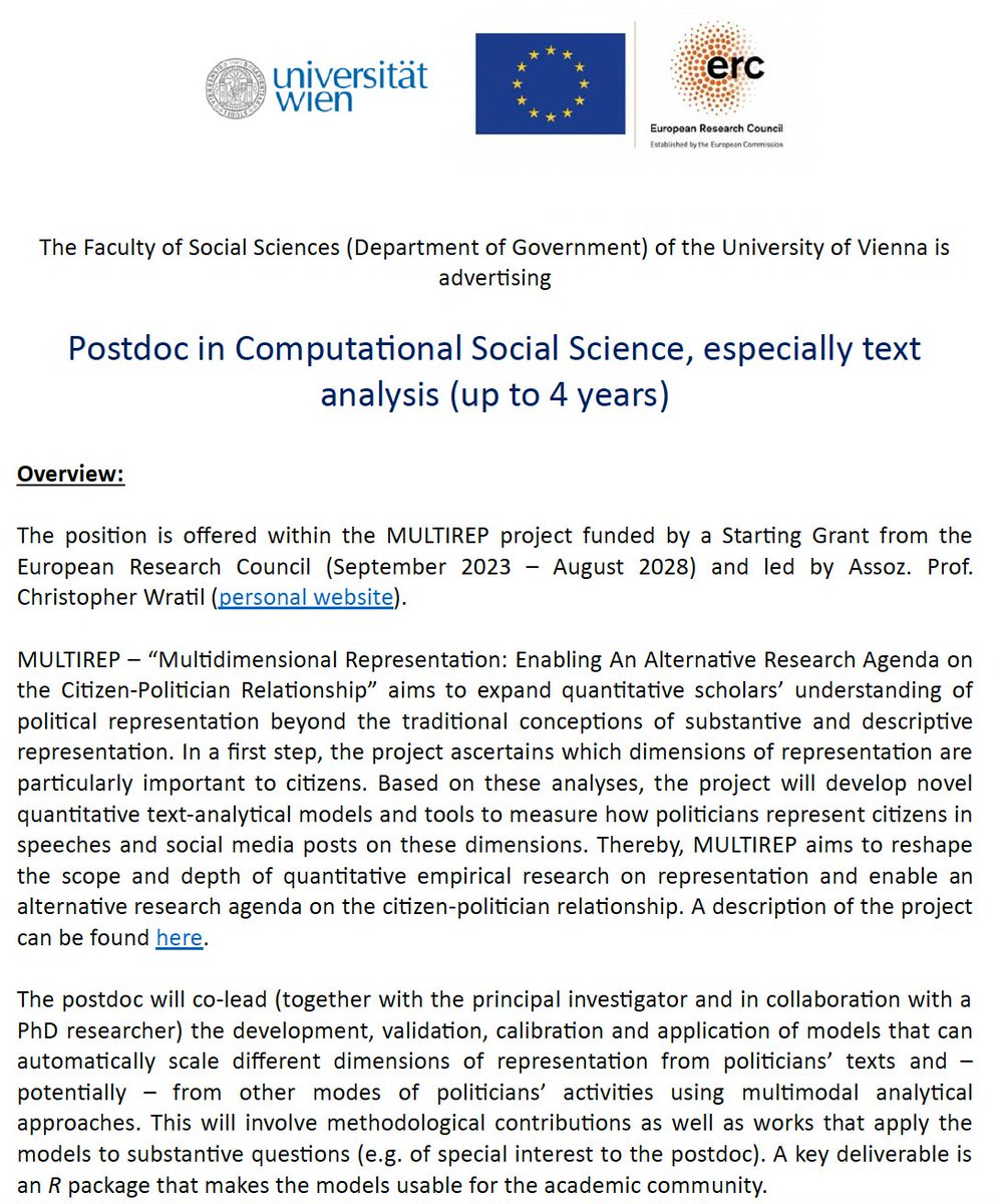 🚨 In the @ERC_Research MULTIREP project we are looking for a postdoc in Computational Social Science. If you are a political/social scientist doing technical/methods stuff or data/computer scientist working on social science applications, 👇 is for you 🧵 wratil.eu/files/MULTIREP…