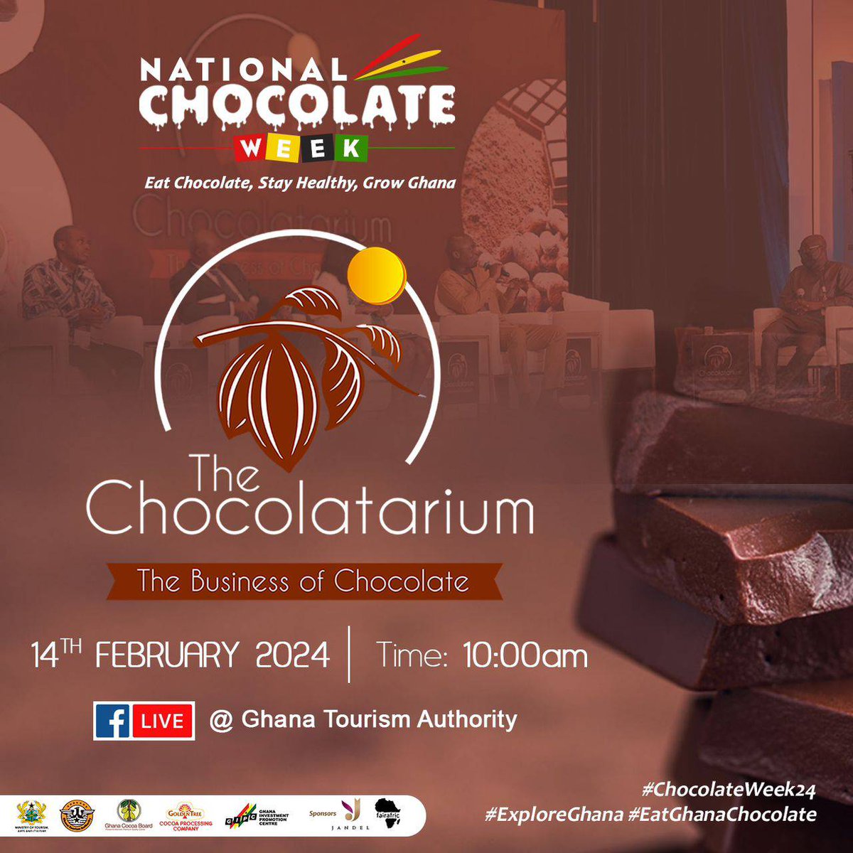 It's Chocolate Day! Join us LIVE on Facebook as we explore the business side of Chocolate with seasoned speakers and panelists at this year's Chocolatarium 🍫🎉
.
#ChocolateWeek2024 #ExploreGhana #ChocolateDay #cocoa #chocolate #ChocolateDay2024 #ChocolateDay