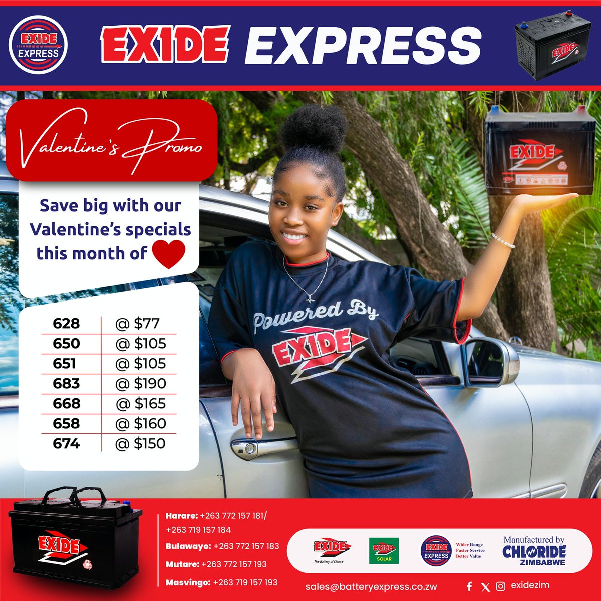 #valentinespecial❤️ Jumpstarting an old battery is outdated. Enjoy amazing specials on our Exide Batteries this month of love. Visit any Exide Express shop or approved dears. #thebatteryofchoice #valentinespromo @KUDZIELISTER2 @Mavhure @IdeasZaka @takemorem1 @EsteemComms