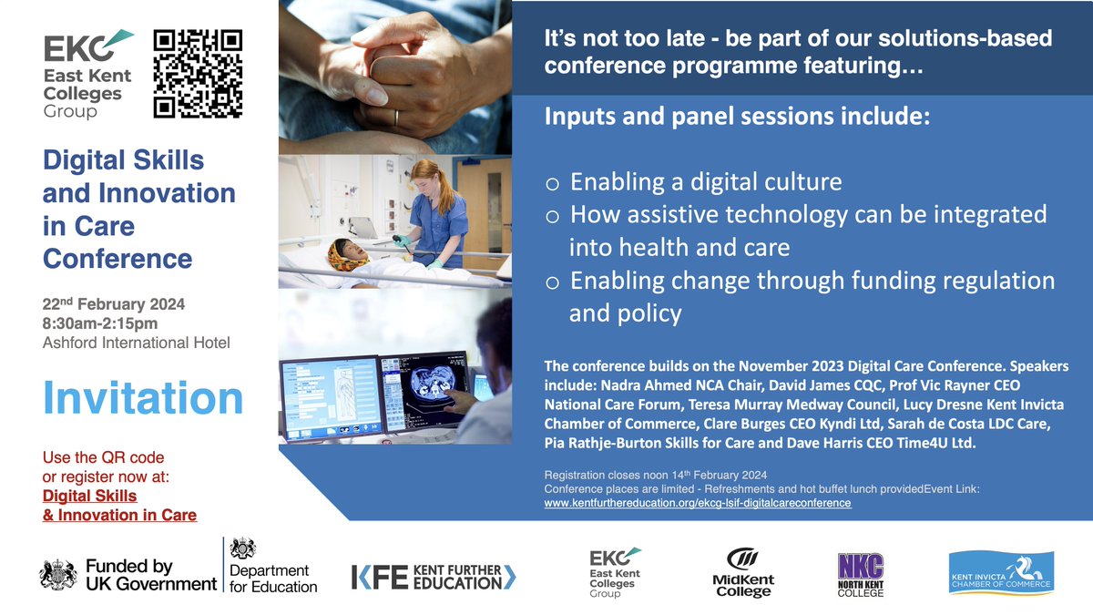 It's the last few hours to register for the LSIF Digital Skills &amp; Innovation in Care Conference taking place on 22nd Feb! There're a few free places remaining so don't miss out: kentfurthereducation.org/ekcg-lsif-digi…