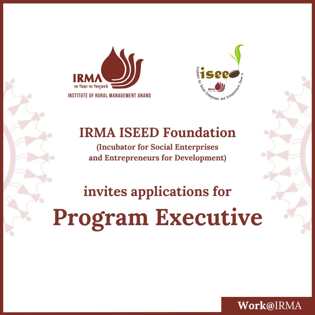 Institute of Rural Management Anand (IRMA) (@irmaofficial79) on Twitter photo <a href="/iseedirma/">IRMA iSEED Foundation</a> is hiring for the post of Program Executive.
For the full advertisement and to apply, please visit irma.ac.in/careers/career…
#IRMA #hiringalert #jobalert #WorkatIRMA #socialenterprises #socialsector #HIRINGNOW #socialsectorjobs #jobseekers #incubation #incubator <a href="/iseedirma/">IRMA iSEED Foundation</a> is hiring for the post of Program Executive.
For the full advertisement and to apply, please visit irma.ac.in/careers/career…
#IRMA #hiringalert #jobalert #WorkatIRMA #socialenterprises #socialsector #HIRINGNOW #socialsectorjobs #jobseekers #incubation #incubator