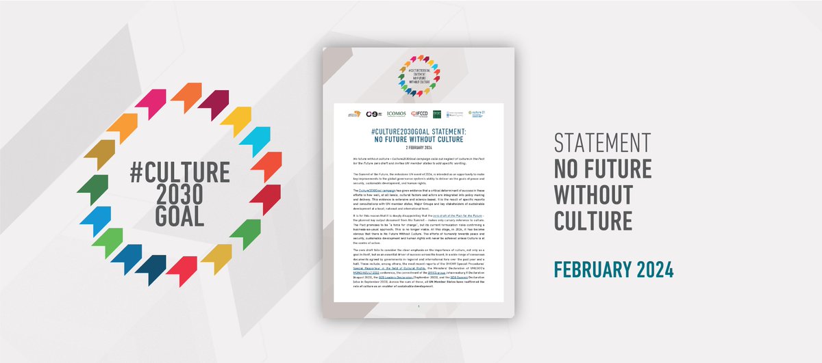 🆕 📢 The @UN #SummitOfTheFuture aims to bring solutions for a better tomorrow. Yet #culture is barely acknowledged in first drafts 📄 The #Culture2030Goal campaign calls for its due recognition & for culture to hold a meaningful place in the Summit 👇 culture2030goal.net