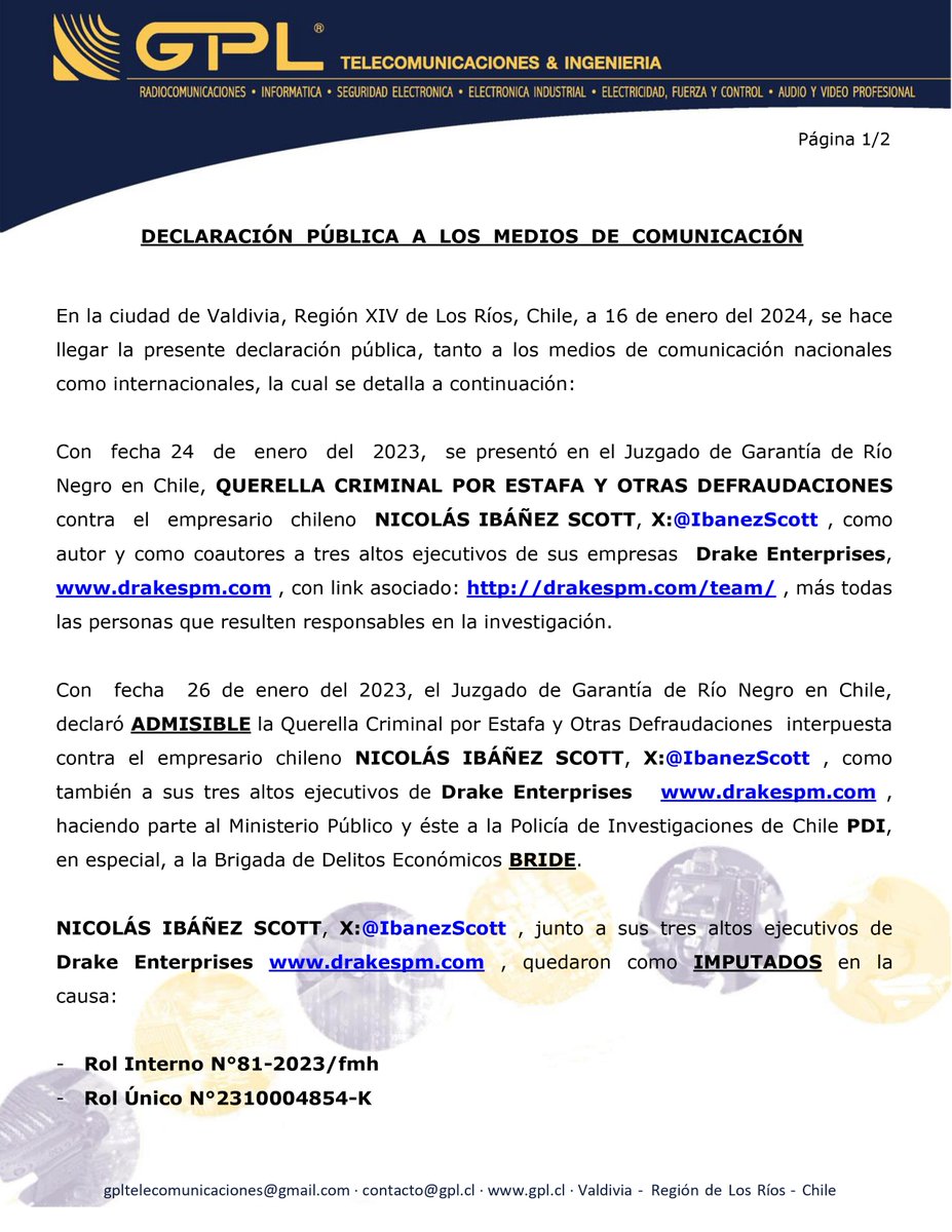 GPLTELECOM's tweet photo. DECLARACIÓN PÚBLICA A LOS MEDIOS DE COMUNICACIÓN
@consuelosaav 
#Nicolas_Ibanez_Scott 
#Querella_Criminal_Por_Estafa_y_Fraude_Contra_Nicolas_Ibanez_Scott 
#Defensa 
#Impuestos 
https://t.co/YQjYST5iD4
https://t.co/pQKcJAL58O https://t.co/YCoH8c9lej