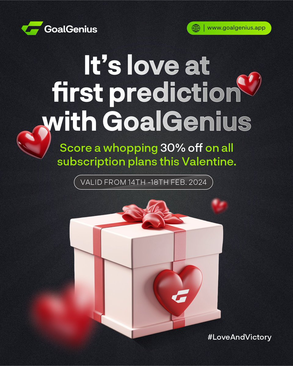 goalgeniusapp's tweet photo. 💕 Love is in the Air! 💕

At GoalGenius, it’s more than just predicting matches; it’s about finding your winning streak and feeling the love with every prediction! Happy Valentine’s Day! #LoveAtFirstPrediction https://t.co/evtnC0GQ0n