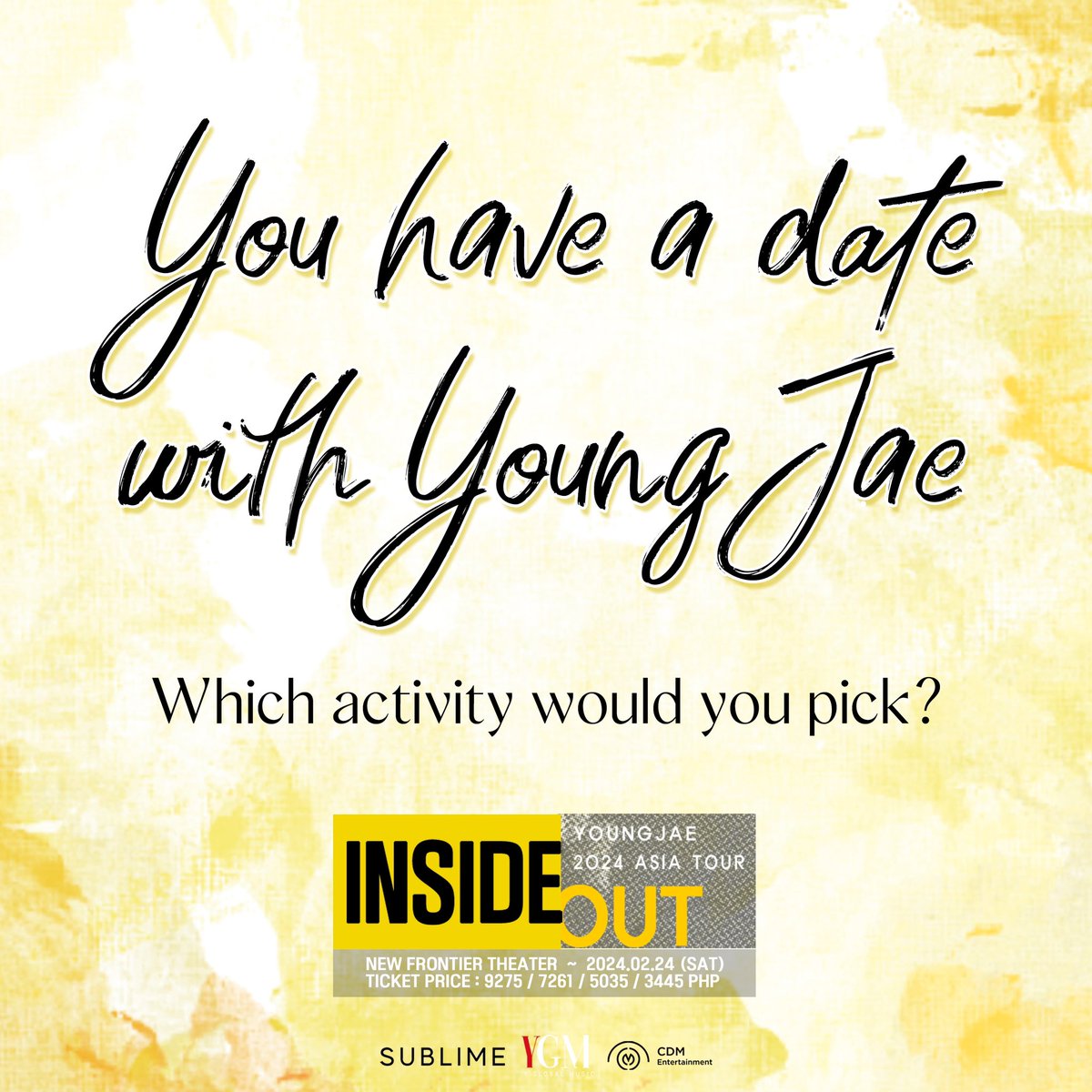 cdmentph's tweet image. Happy Valentine's Day!

If you were to go out on a date with YOUNGJAE, which activity would you pick? ❤️💐 

How about a date at the New Frontier Theater together with other Ahgase? Sounds fantastic? Then, let's go!

Grab a ticket and join the party: bit.ly/47YDcXl 🎟️…